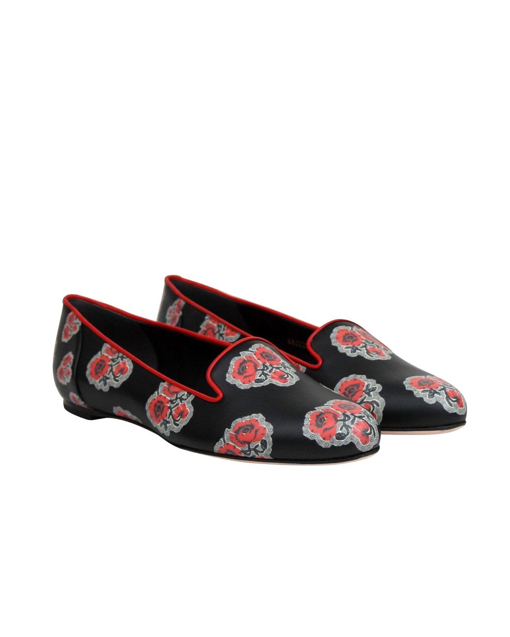 McQueen Red Rose Pattern Leather Slipper Shoes