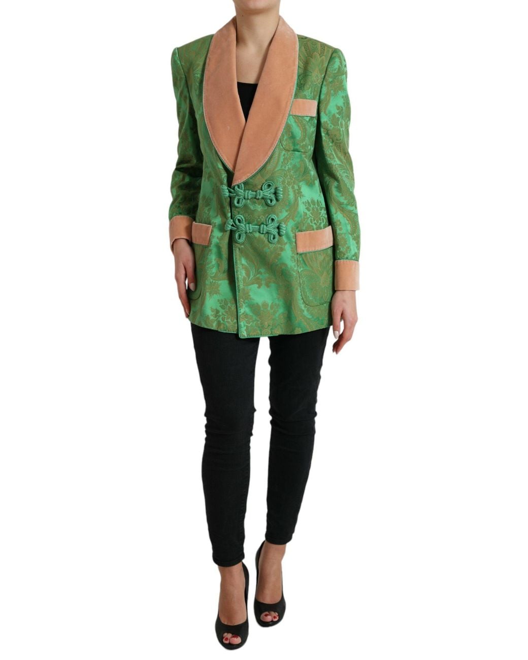 Dolce & Gabbana Green Floral Double Breasted Coat Jacket