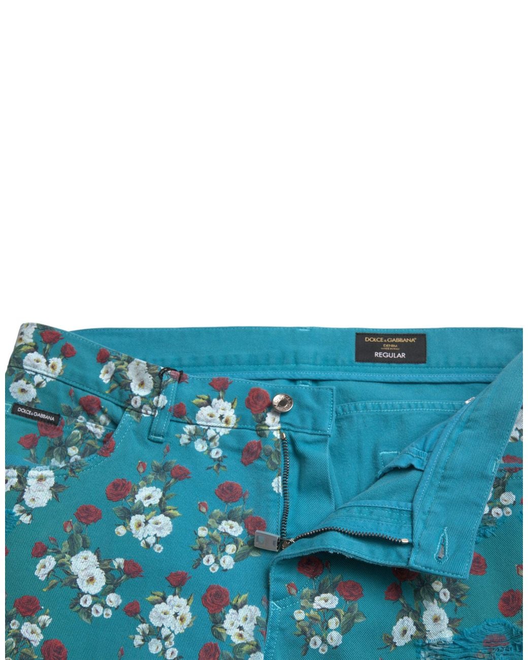 Dolce & Gabbana Blue Floral Print Skinny Cotton Denim Pants for men