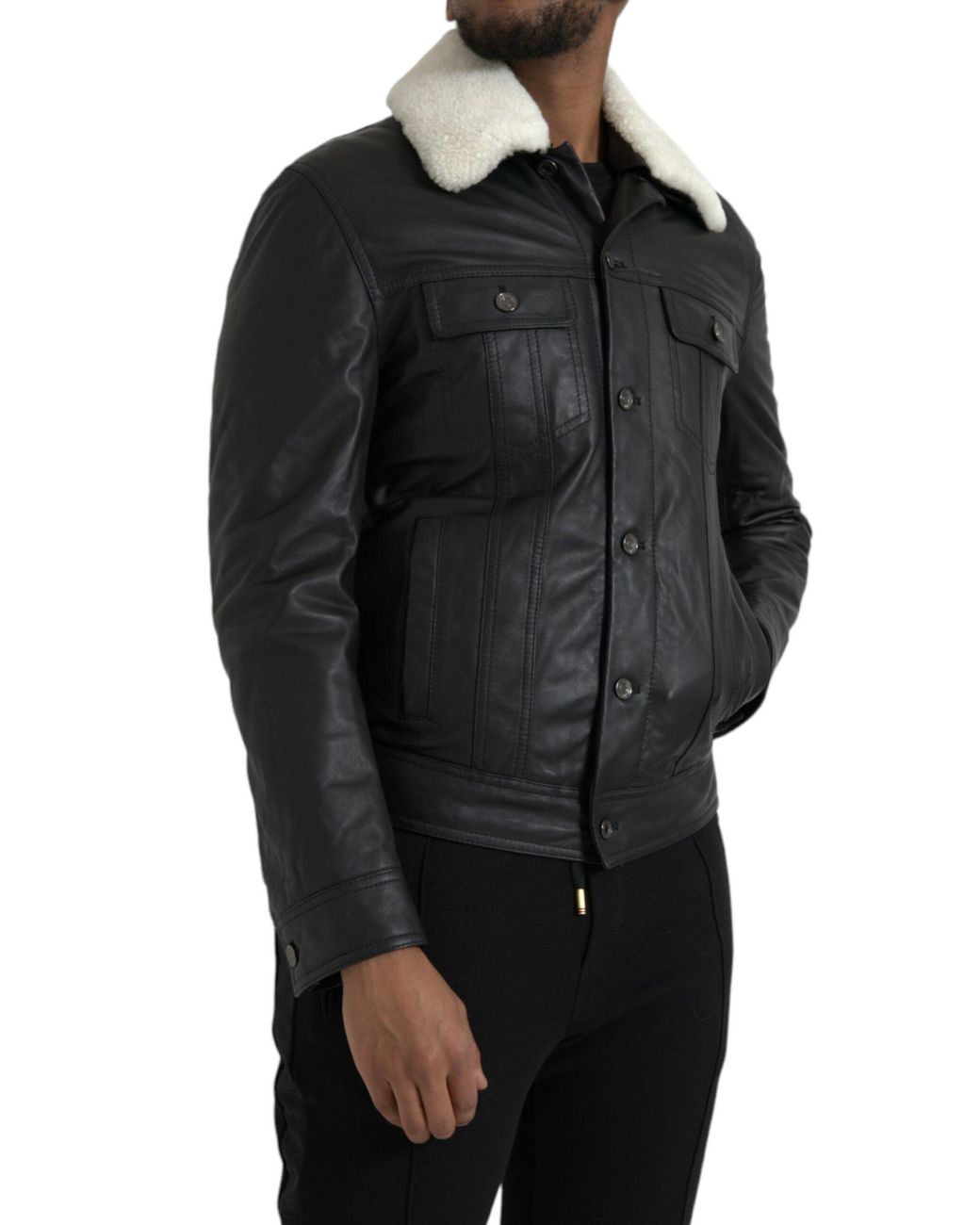 Dolce & Gabbana Black Leather Fur Collar Biker Coat Jacket for men