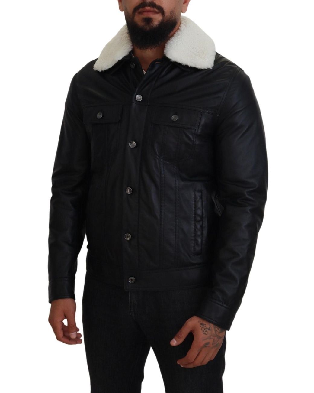 Dolce & Gabbana Black Lamb Leather Collared Coat Jacket for men