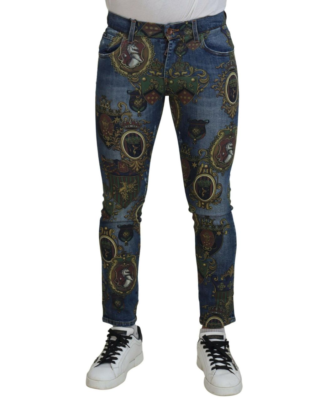Dolce & Gabbana Blue Medal Print Slim Fit Cotton Jeans for men