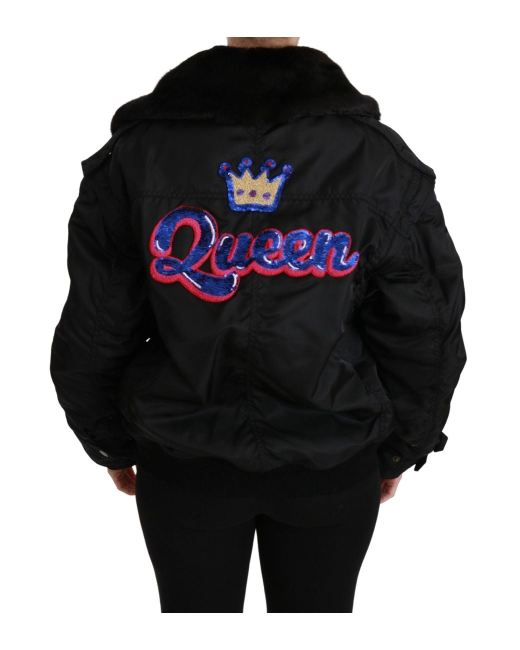 Dolce & Gabbana Black Queen Crown Sequined Bomber Jacket