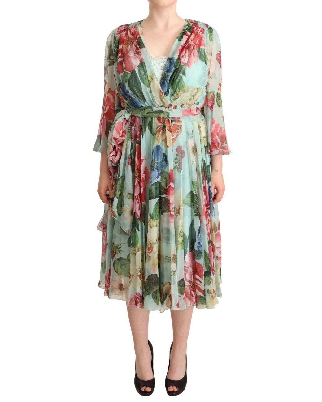 Dolce & Gabbana Green Silk Wrap Gown Dress (Pre-Owned)