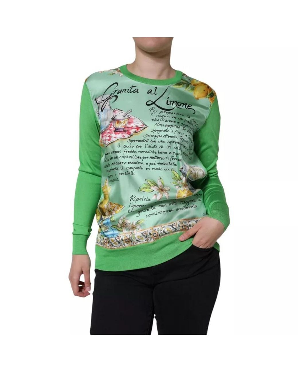 Dolce & Gabbana Green Silk Granita Al Limone Long Sleeves Sweater
