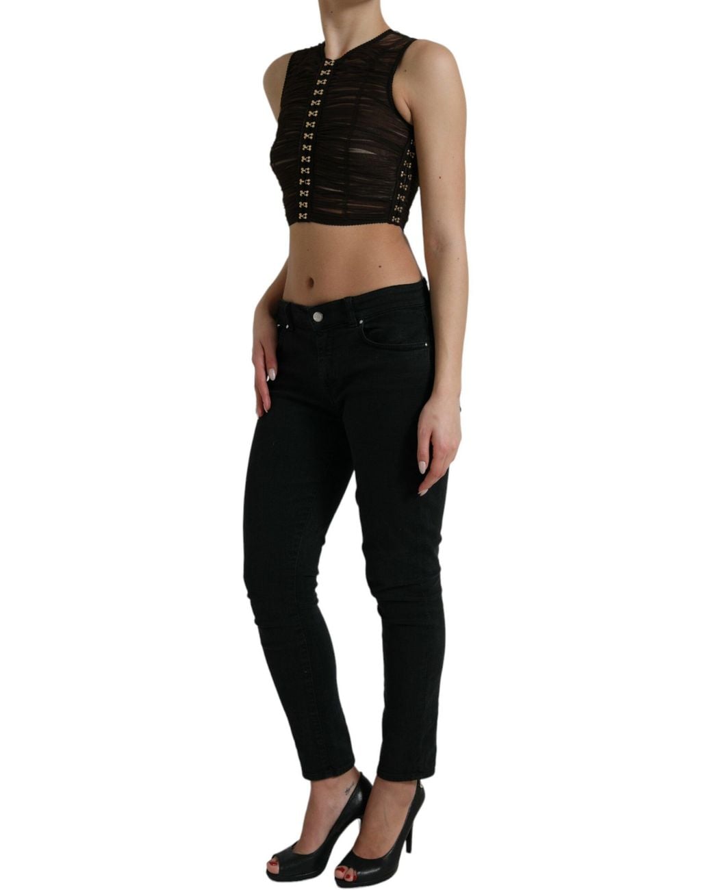 Dolce & Gabbana Black Embellished Nylon Stretch Cropped Top