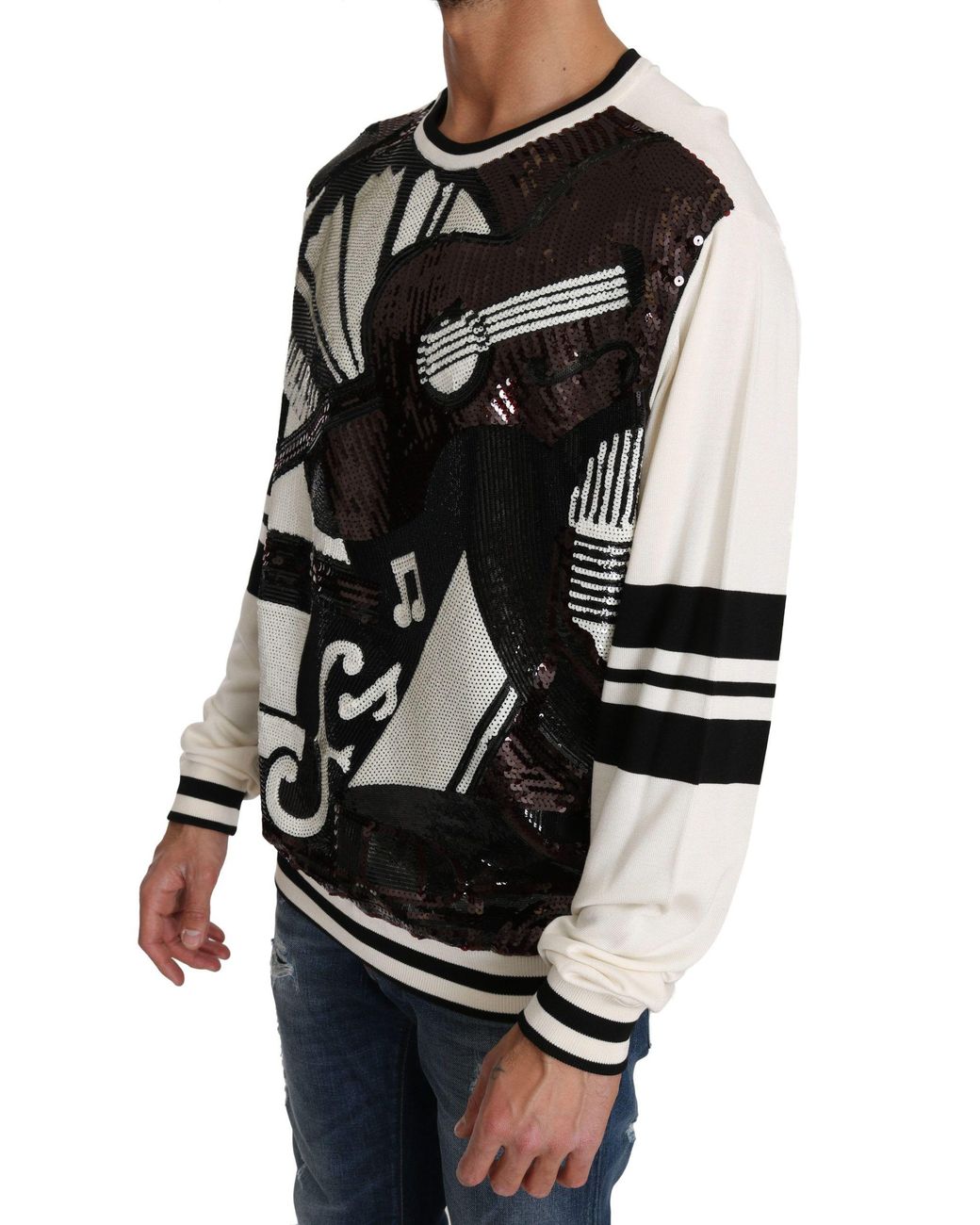 Dolce & Gabbana Black Jazz Sequined Guitar Pullover Top Sweater for men