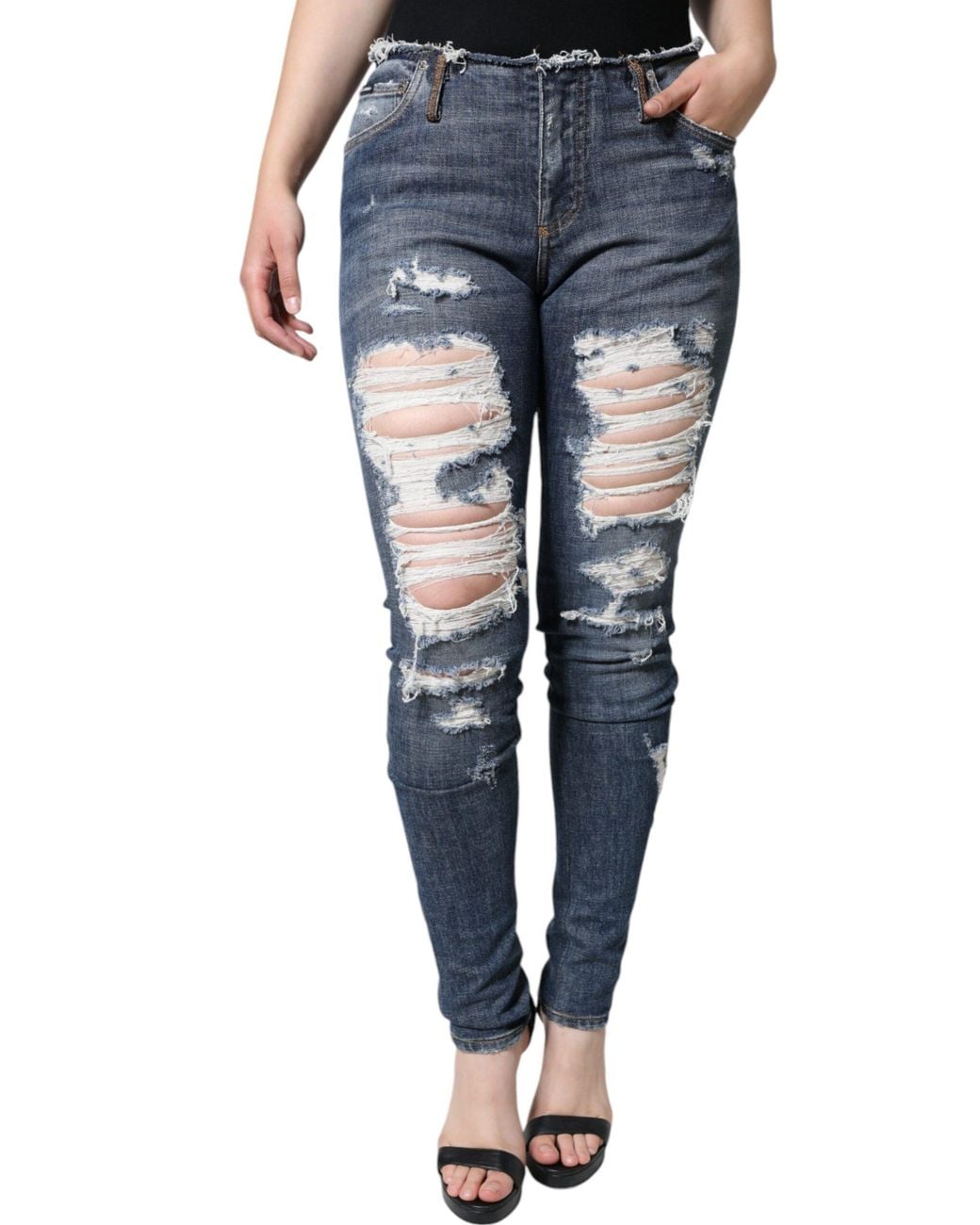 Dolce & Gabbana Blue Cotton Stretch Tattered Skinny Jeans
