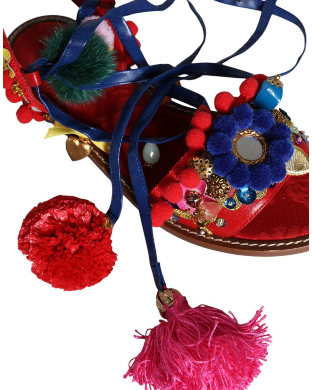 Dolce & Gabbana Red Pom Pom Fur Wrap Sandals Shoes