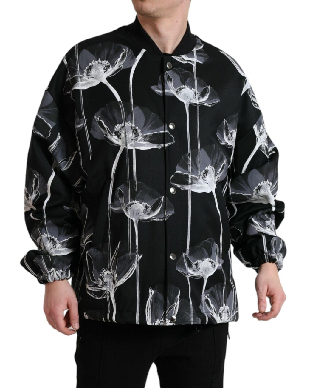 Dolce & Gabbana Black Floral Print Wool Button Down Bomber Jacket for men