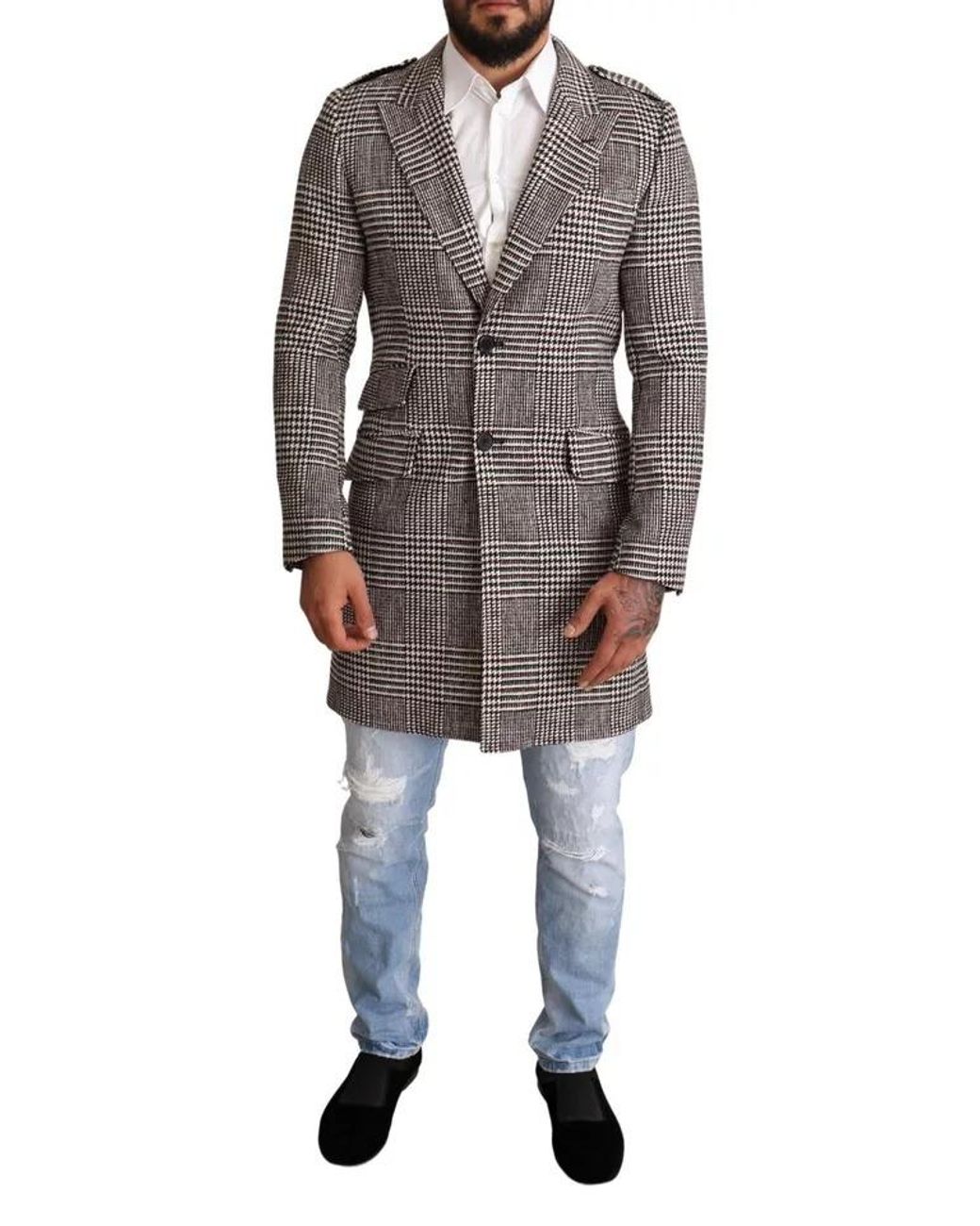 Dolce & Gabbana Black Glen Plaid Wool Coat Long Sleeve for men