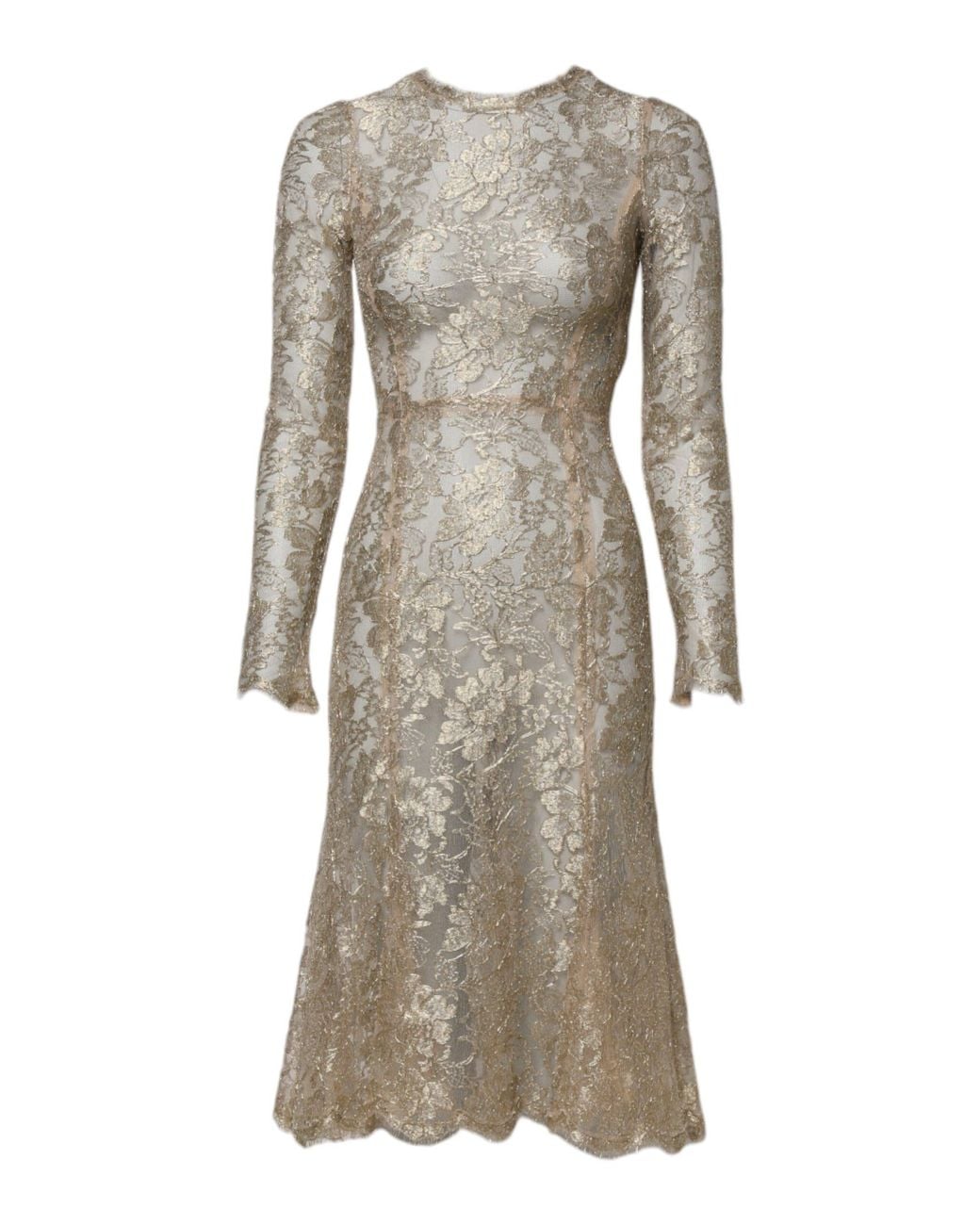 Dolce & Gabbana Natural Floral Lace Long Sleeves Fit & Flare Dress