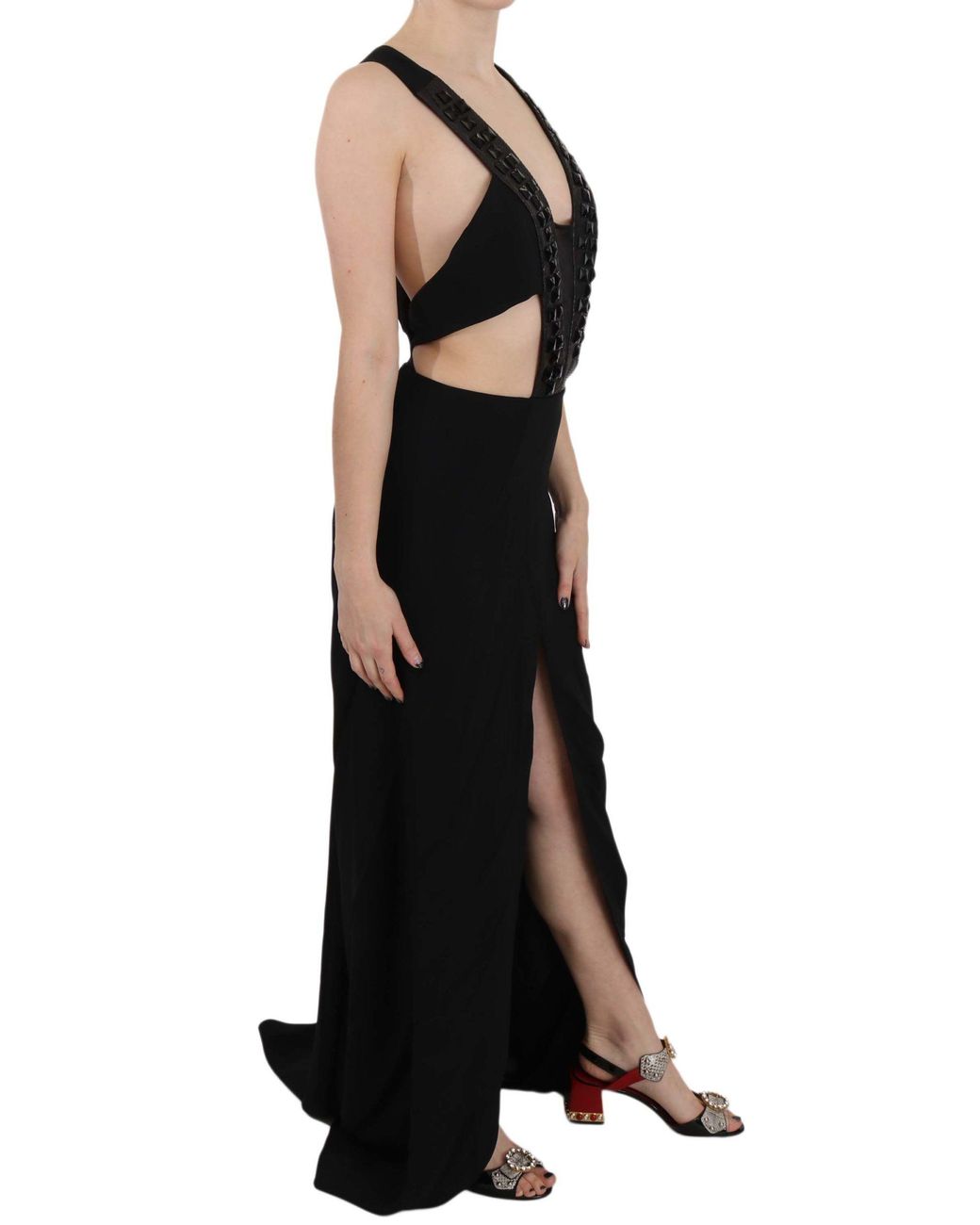 John Richmond Black Crystal Leather Gown Flare Dress