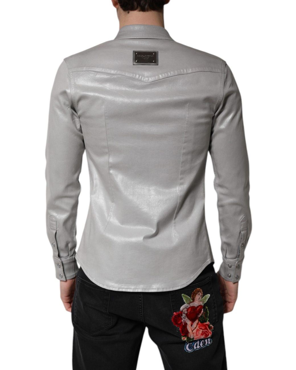 Dolce & Gabbana Gray Metallic Cotton Button Down Shirt for men