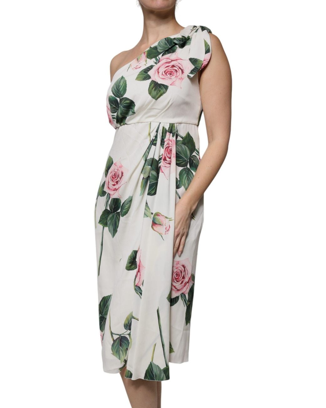 Dolce & Gabbana White Floral Silk One Shoulder Midi Dress