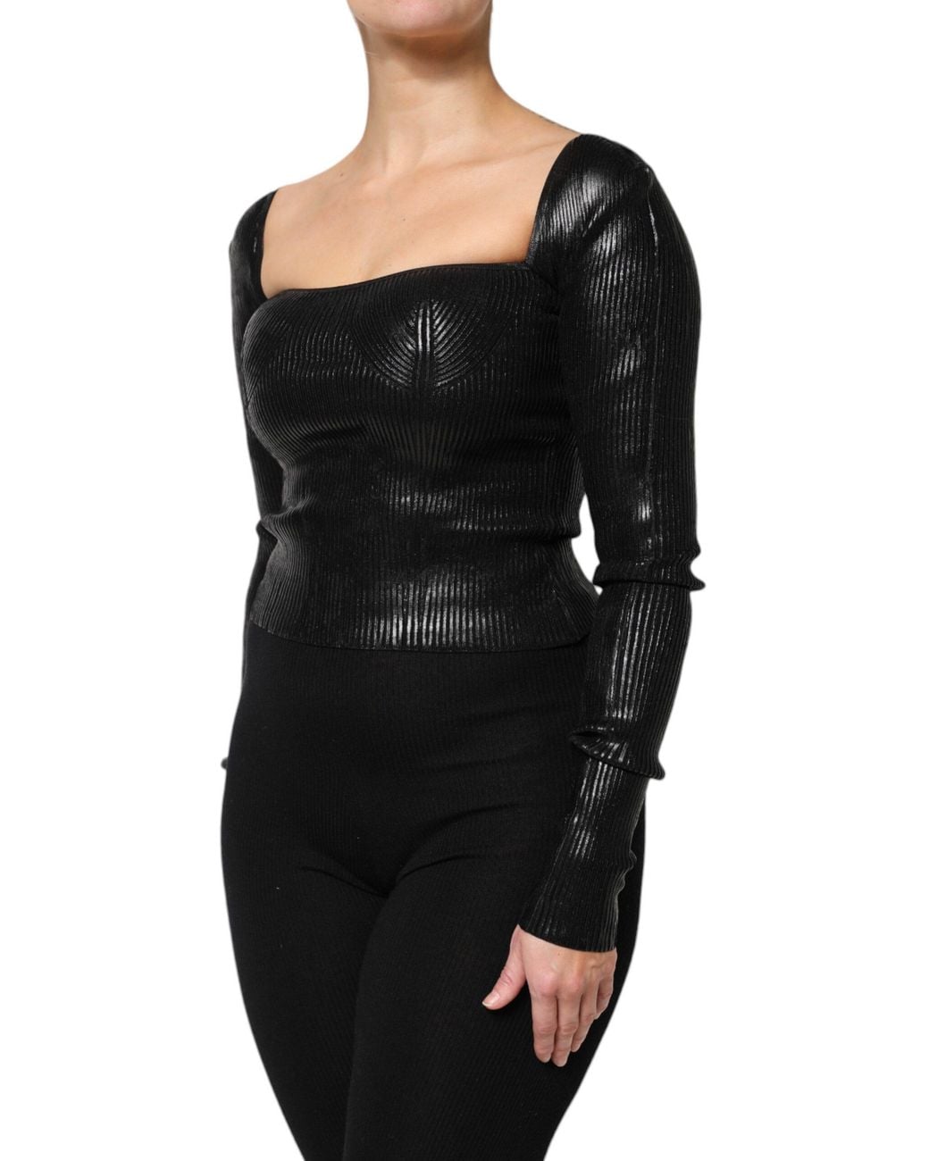 Dolce & Gabbana Black Square Neck Long Sleeve Ribbed Top