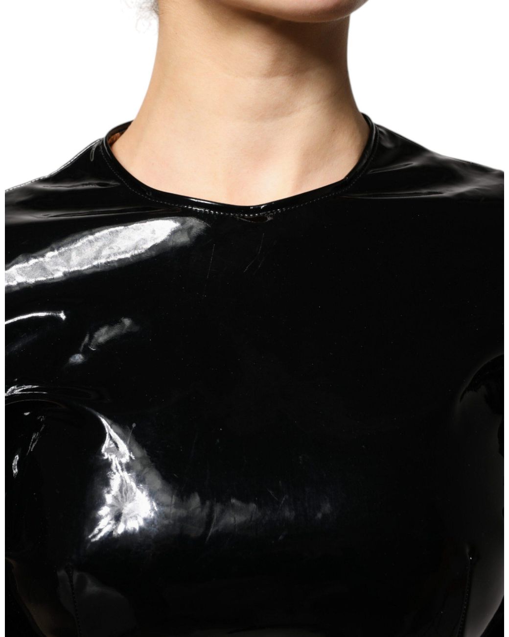 Dolce & Gabbana Black Patent Leather Puff Sleeves Mini Dress