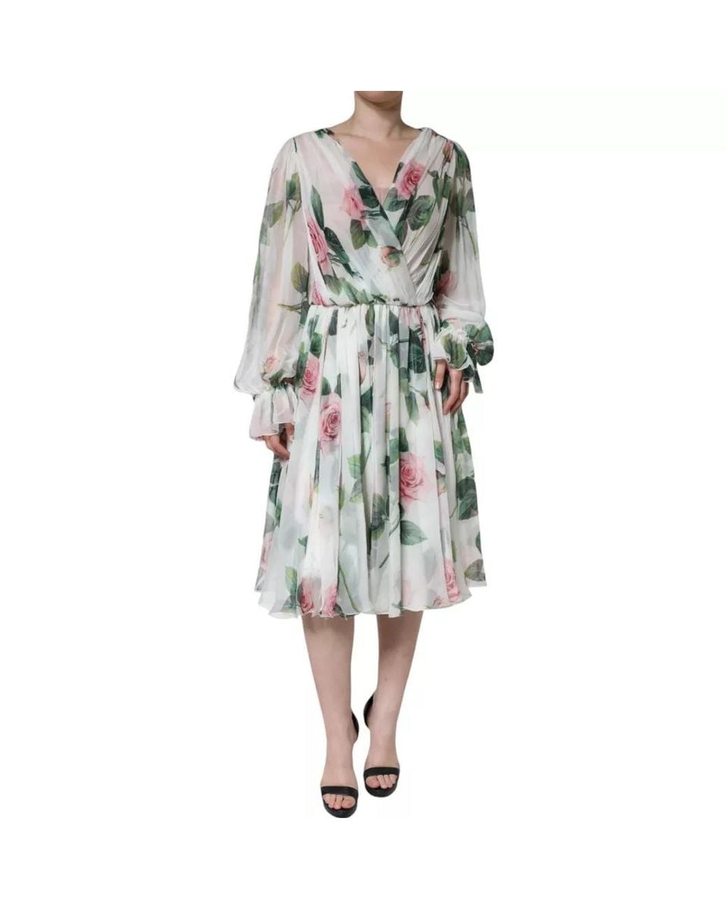 Dolce & Gabbana White Silk Floral Print A-Line Midi Dress