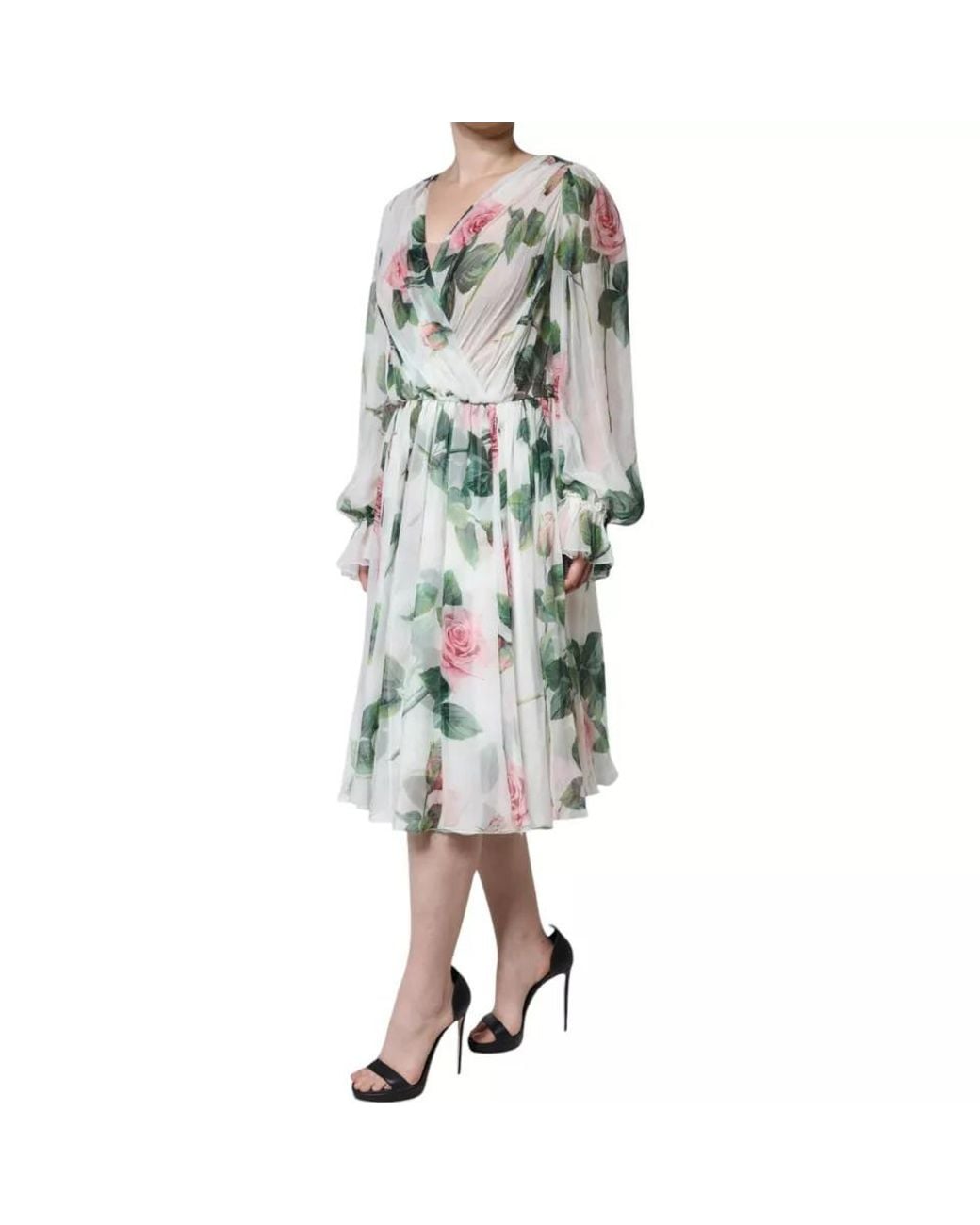 Dolce & Gabbana White Silk Floral Print A-Line Midi Dress