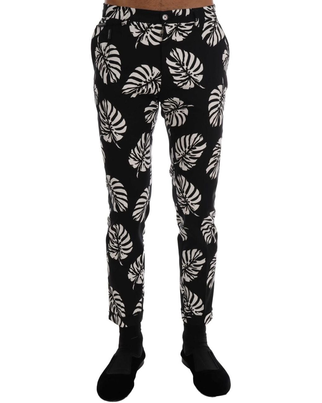 Dolce & Gabbana Dolce Gabbana White Black Leaf Cotton Stretch Slim Pants for men