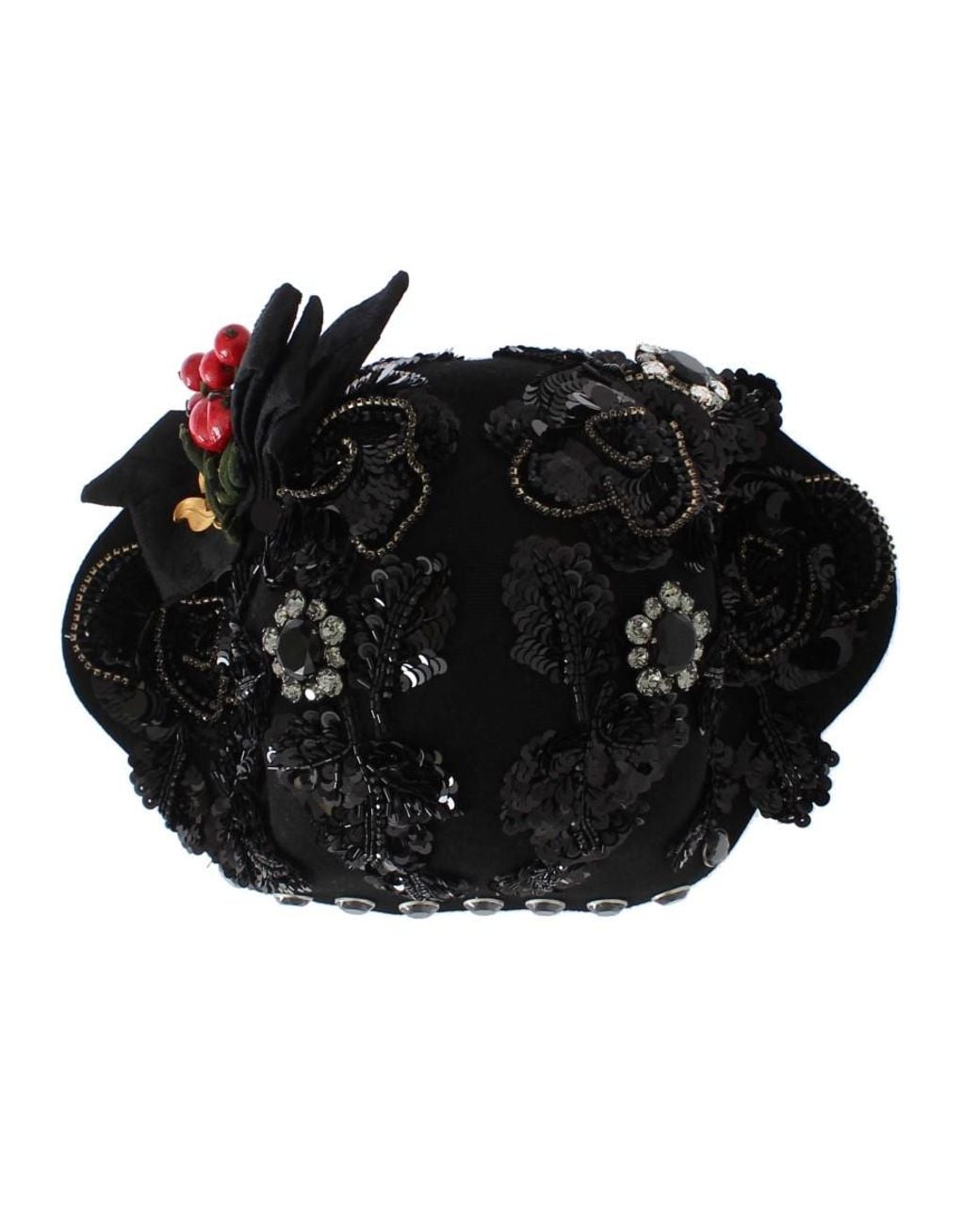 Dolce & Gabbana Black Crystal Cherries Brooch Hat