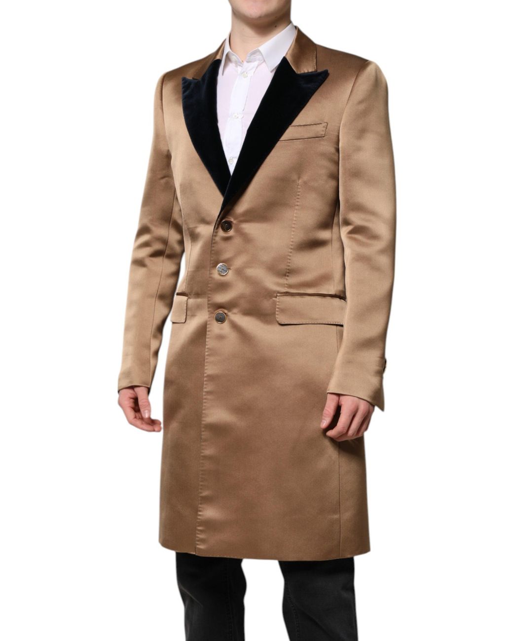 Dolce & Gabbana Brown Satin Overcoat Shawl Collar for men
