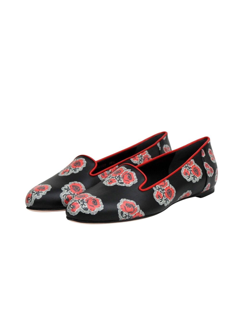 McQueen Red Rose Pattern Leather Slipper Shoes