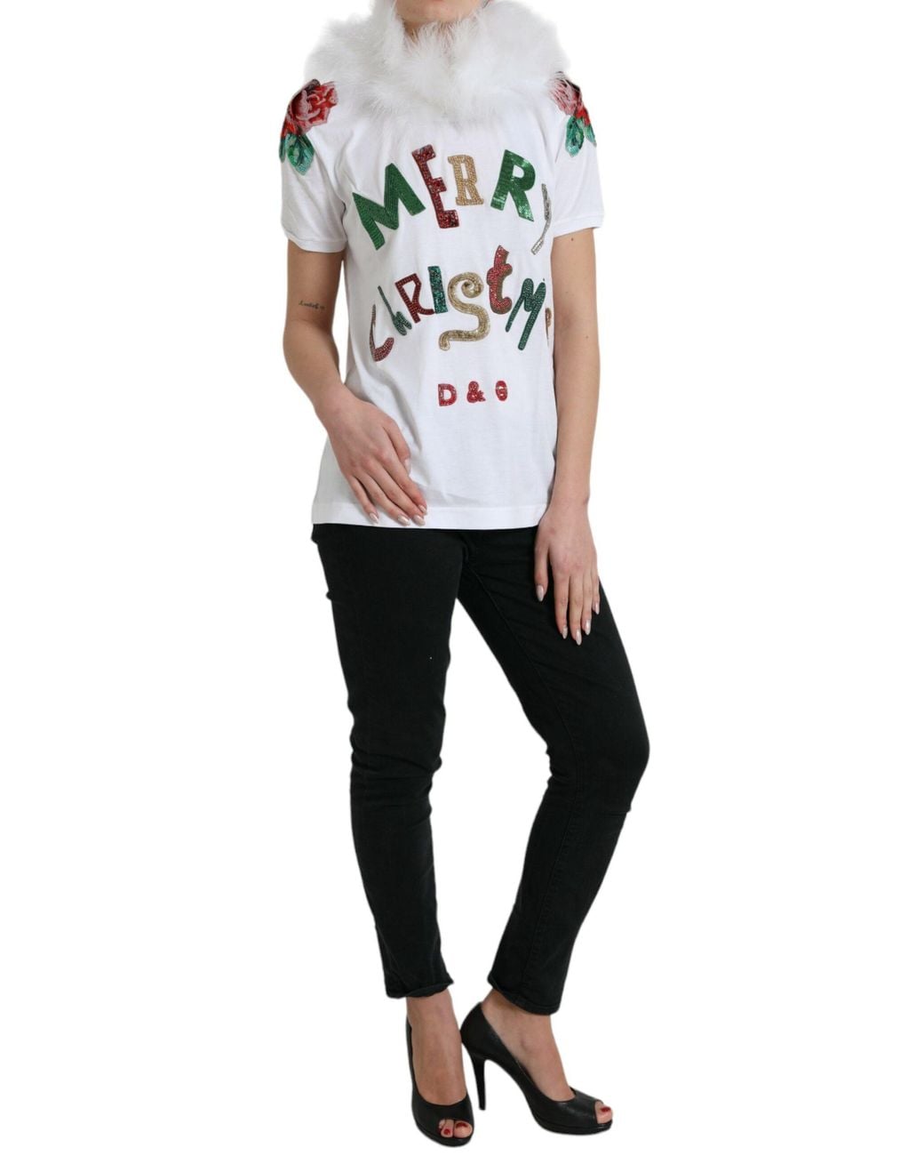 Dolce & Gabbana Gray Cotton Christmas Sequin Fur T-Shirt
