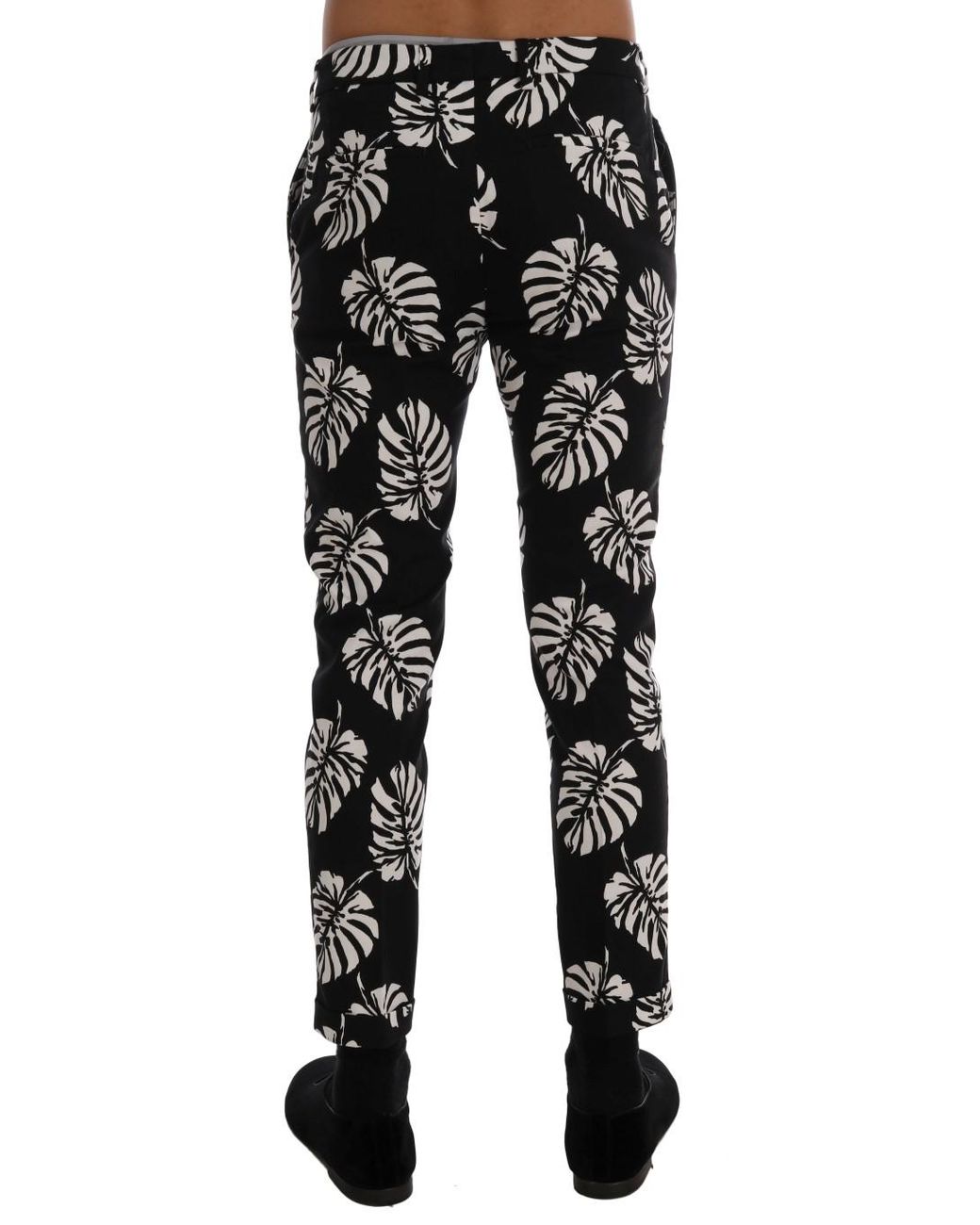 Dolce & Gabbana Dolce Gabbana White Black Leaf Cotton Stretch Slim Pants for men