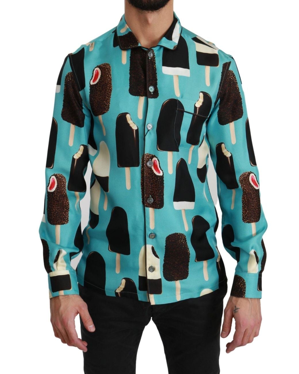 Dolce & Gabbana Blue Silk Ice Cream Print Casual Shirt for men