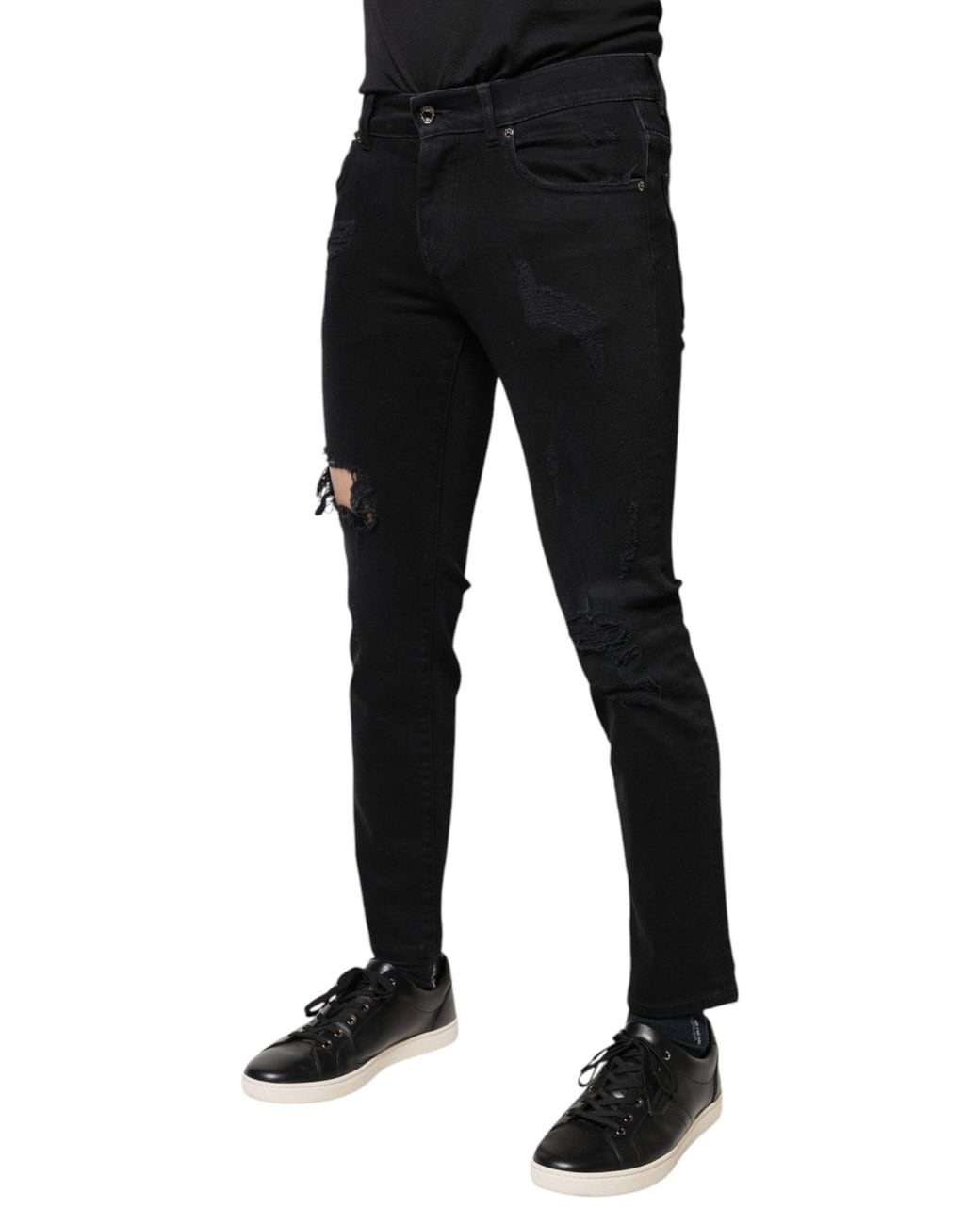 Dolce & Gabbana Black Cotton Tattered Skinny Denim Logo Jeans for men