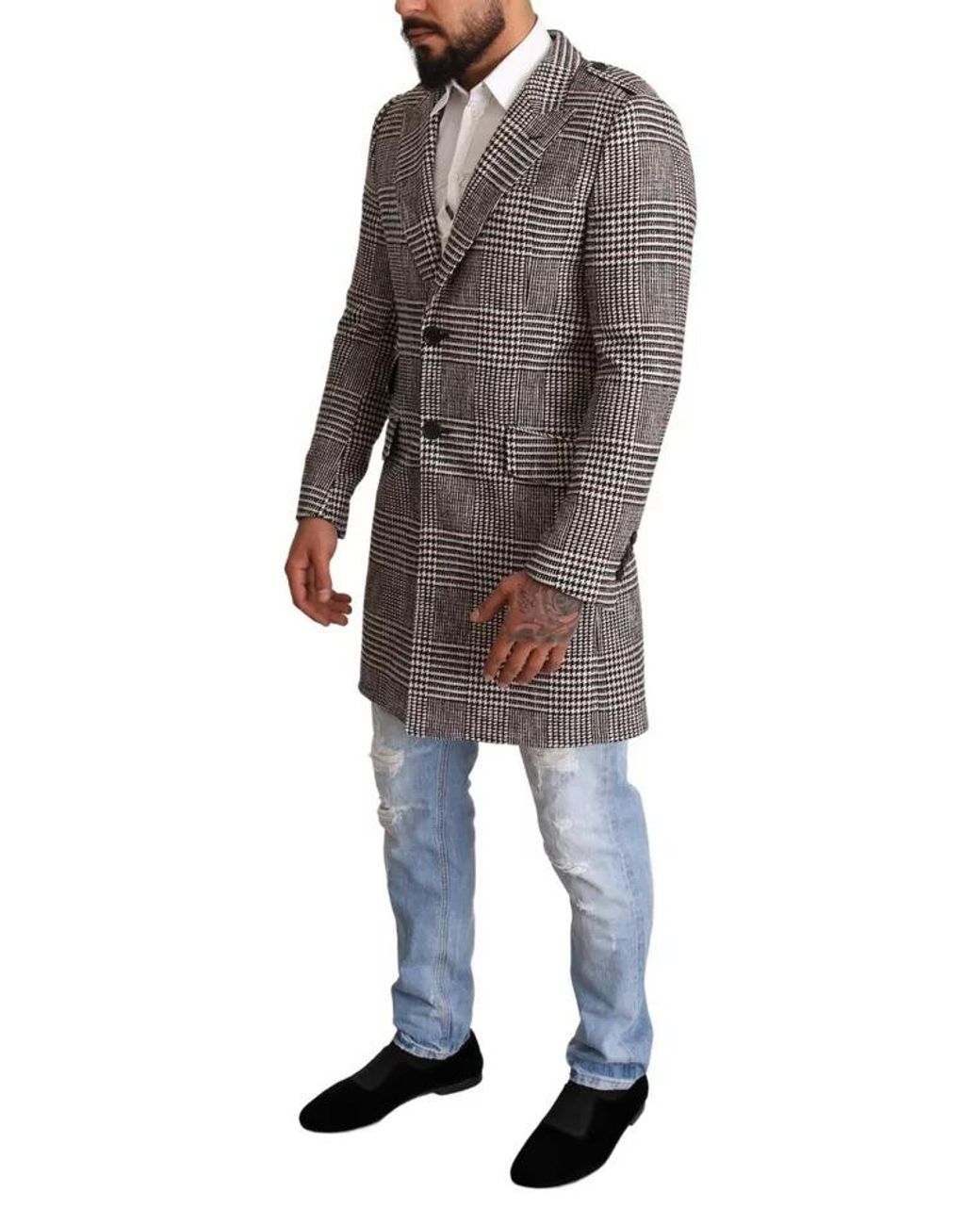 Dolce & Gabbana Black Glen Plaid Wool Coat Long Sleeve for men
