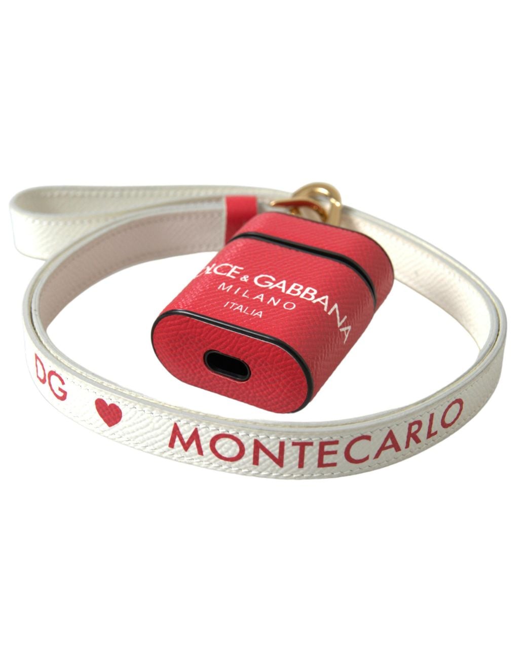 Dolce & Gabbana Red Leather Tone Metal Logo Print Strap Airpods Case Calf Accessory
