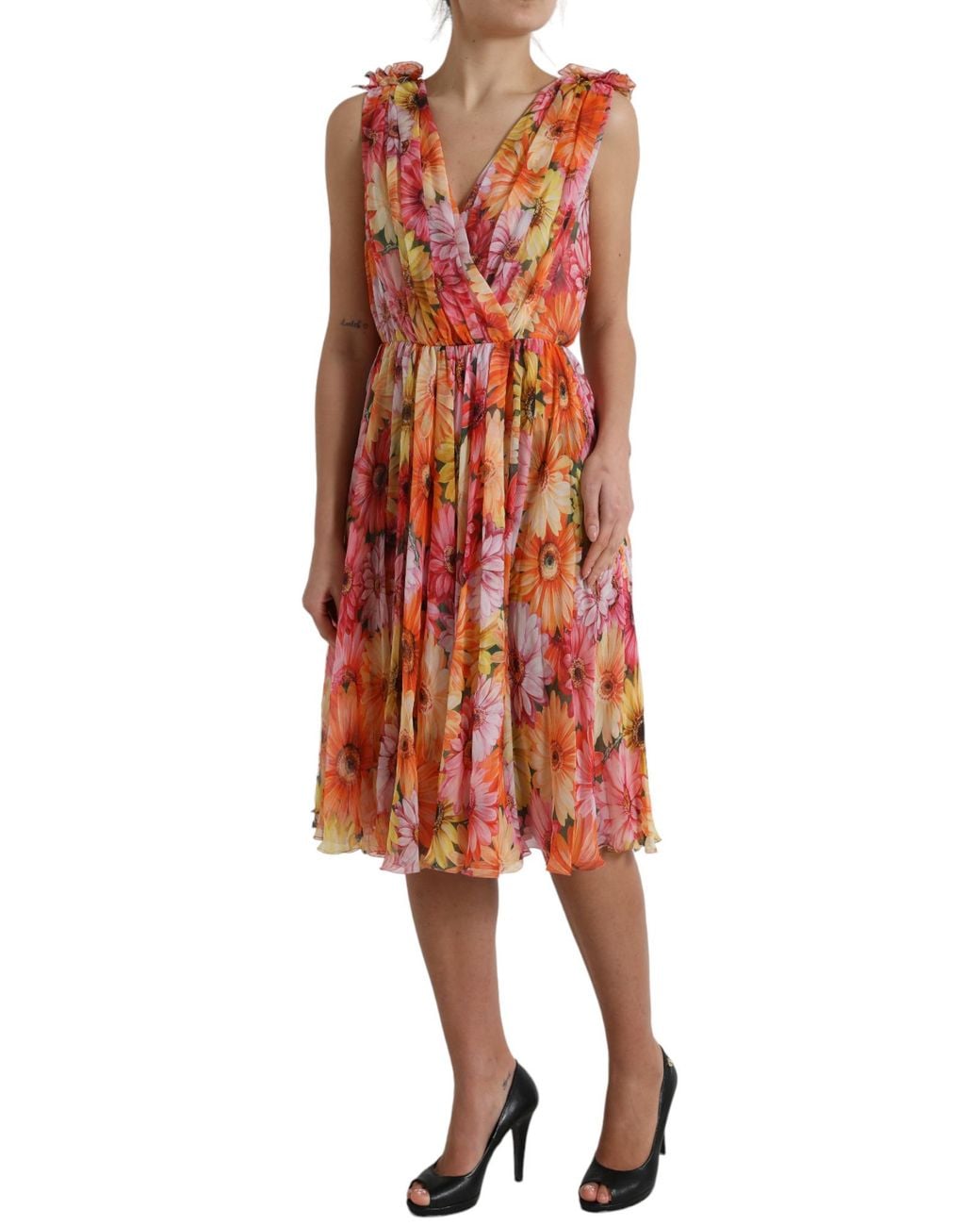 Dolce & Gabbana Red Sunflower Print Silk Midi Dress