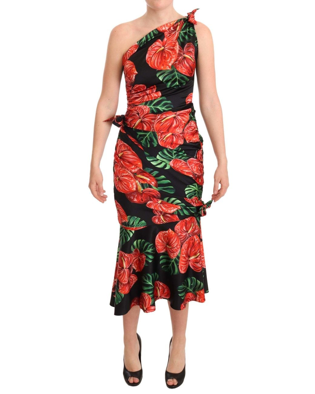Dolce & Gabbana Red Elegant Floral Silk Draped Dress