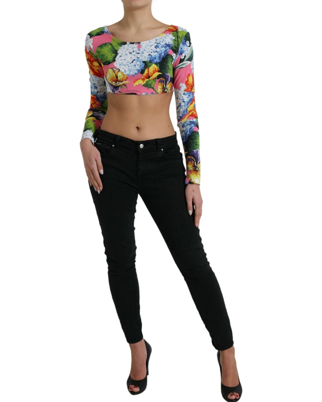 Dolce & Gabbana Black Floral Long Sleeves Cropped Top