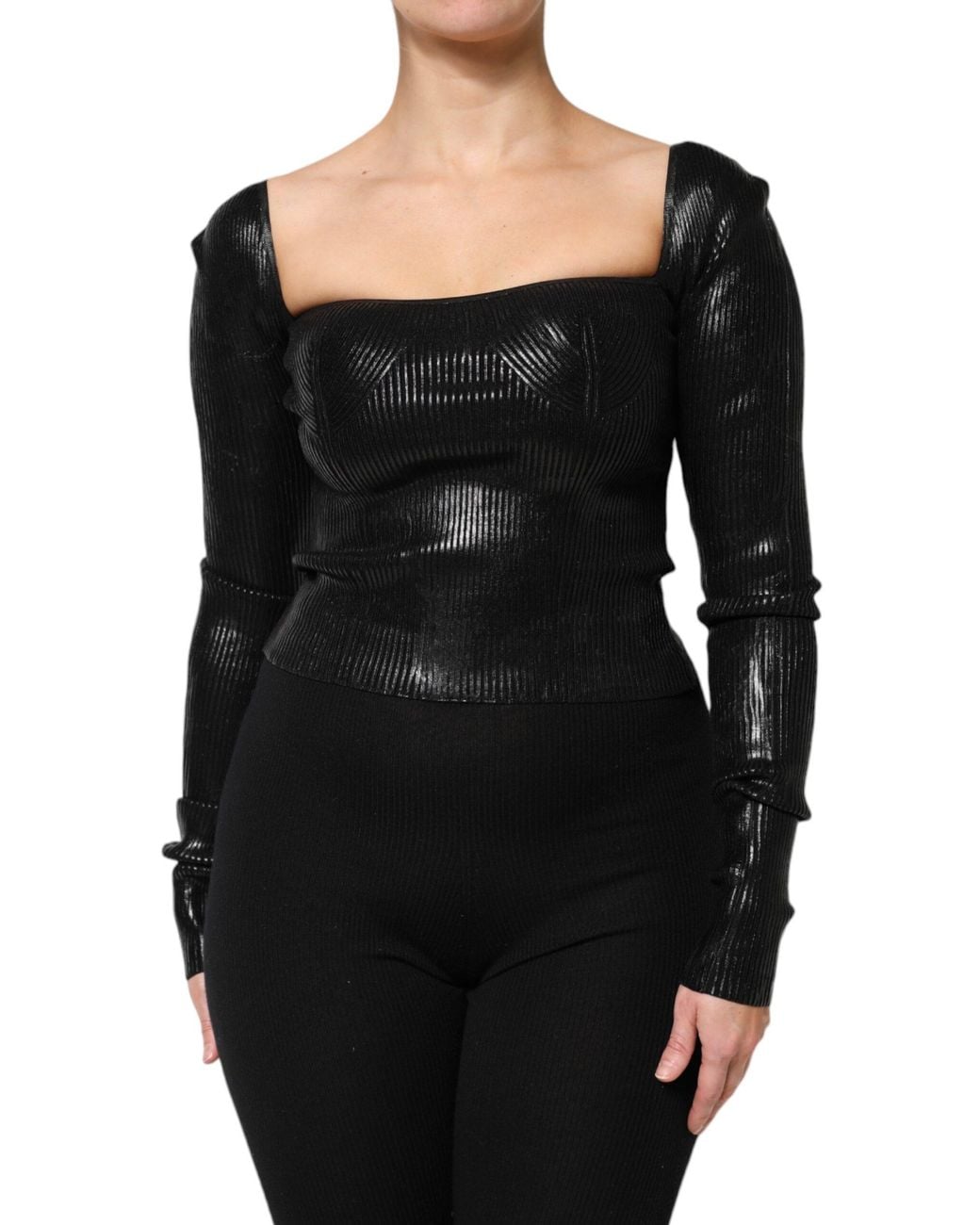 Dolce & Gabbana Black Square Neck Long Sleeve Ribbed Top