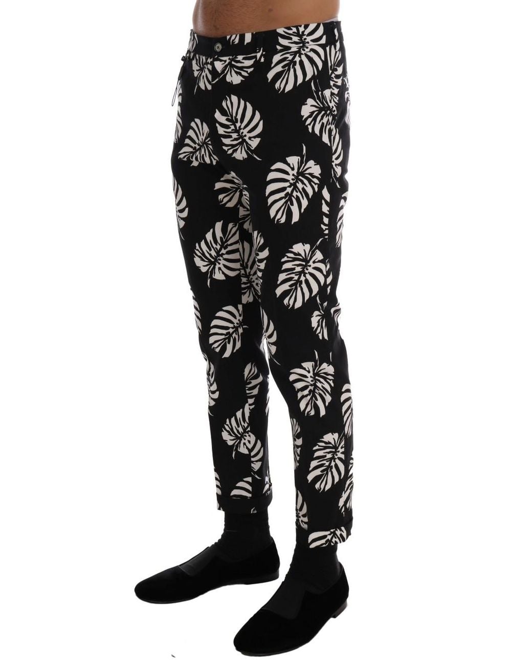 Dolce & Gabbana Dolce Gabbana White Black Leaf Cotton Stretch Slim Pants for men