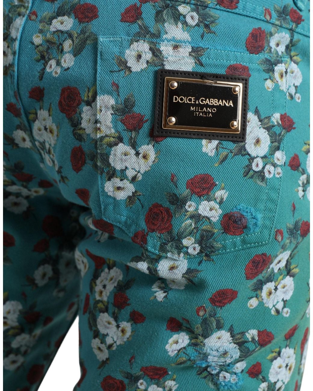 Dolce & Gabbana Blue Floral Print Skinny Cotton Denim Pants for men