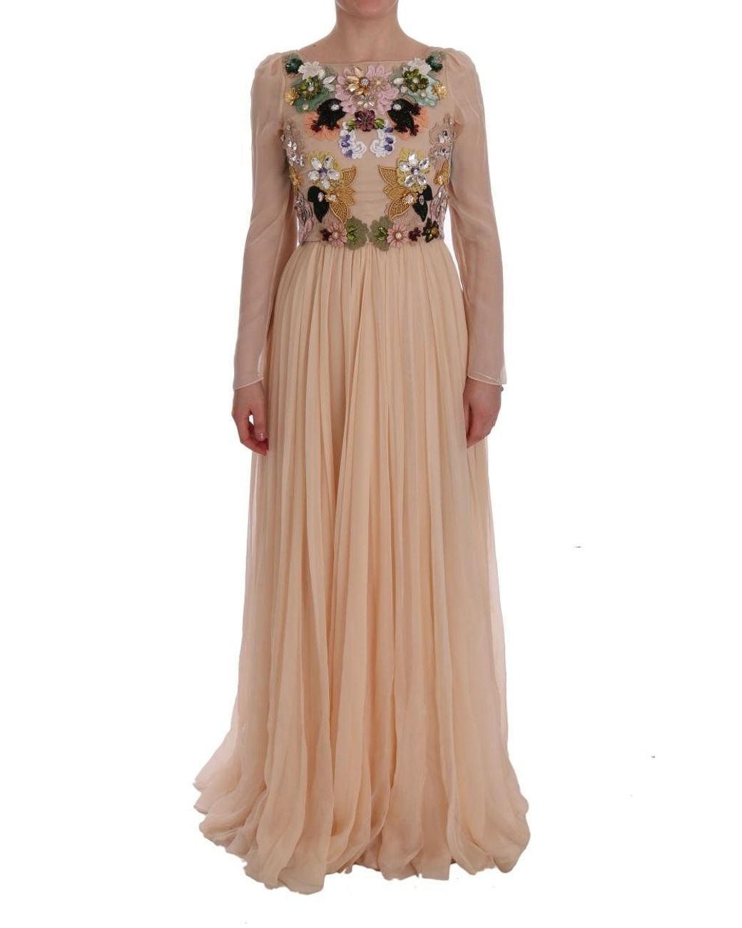 Dolce & Gabbana Natural Silk Floral Crystal Maxi Gown Dress