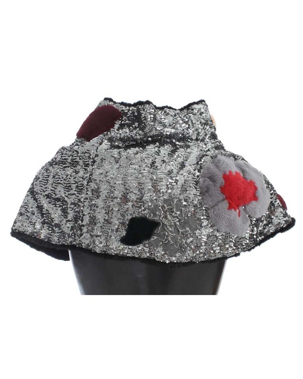 Dolce & Gabbana Black Sequined Floral Weasel Fur Shoulder Scarf Wrap