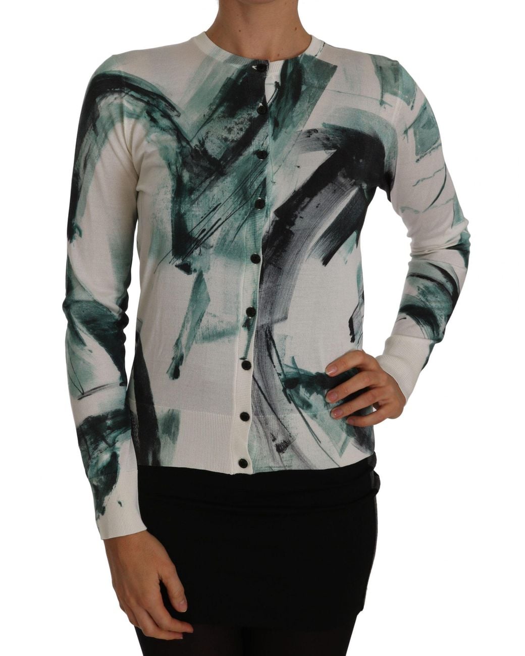 Dolce & Gabbana Gray White Silk Cardigan Lightweight Paint Stroke Sweater