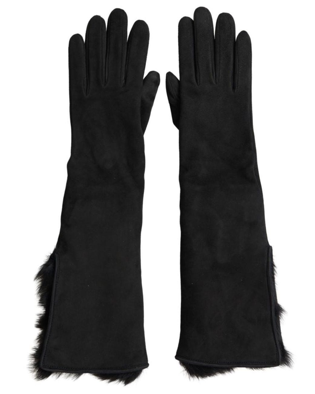 Dolce & Gabbana Black Leather Fur Elbow Length Gloves for men