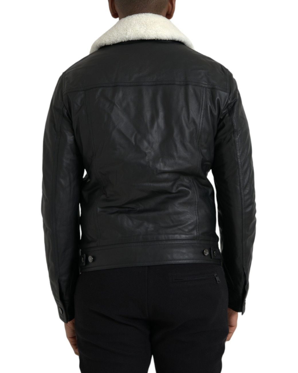 Dolce & Gabbana Black Leather Fur Collar Biker Coat Jacket for men