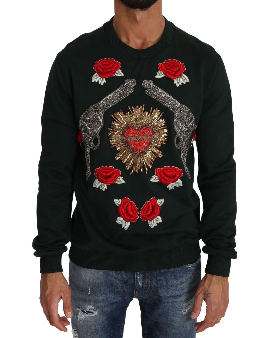 Dolce & Gabbana Black Crystal Heart Roses Gun Sweater for men