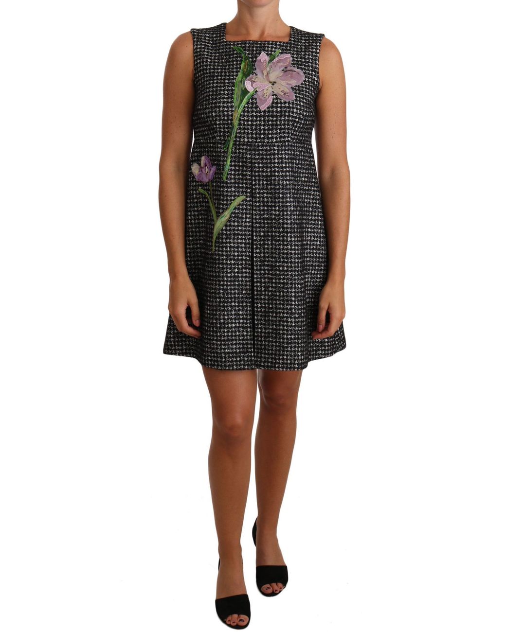 Dolce & Gabbana Black Houndstooth Floral Appliqué Shift Mini Dress