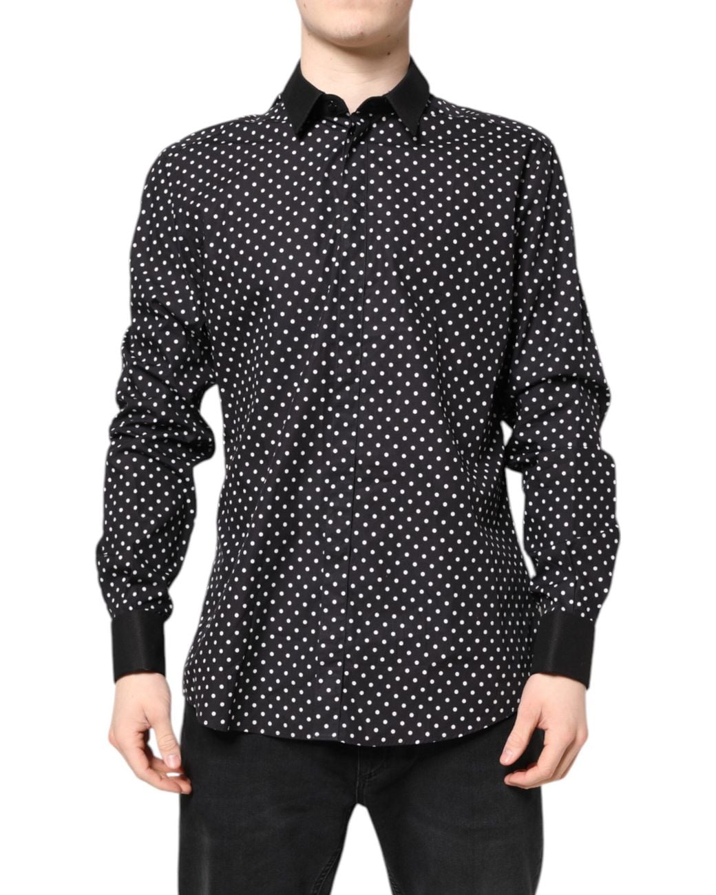 Dolce & Gabbana Black Polka Dot Cotton Formal Dress Shirt for men