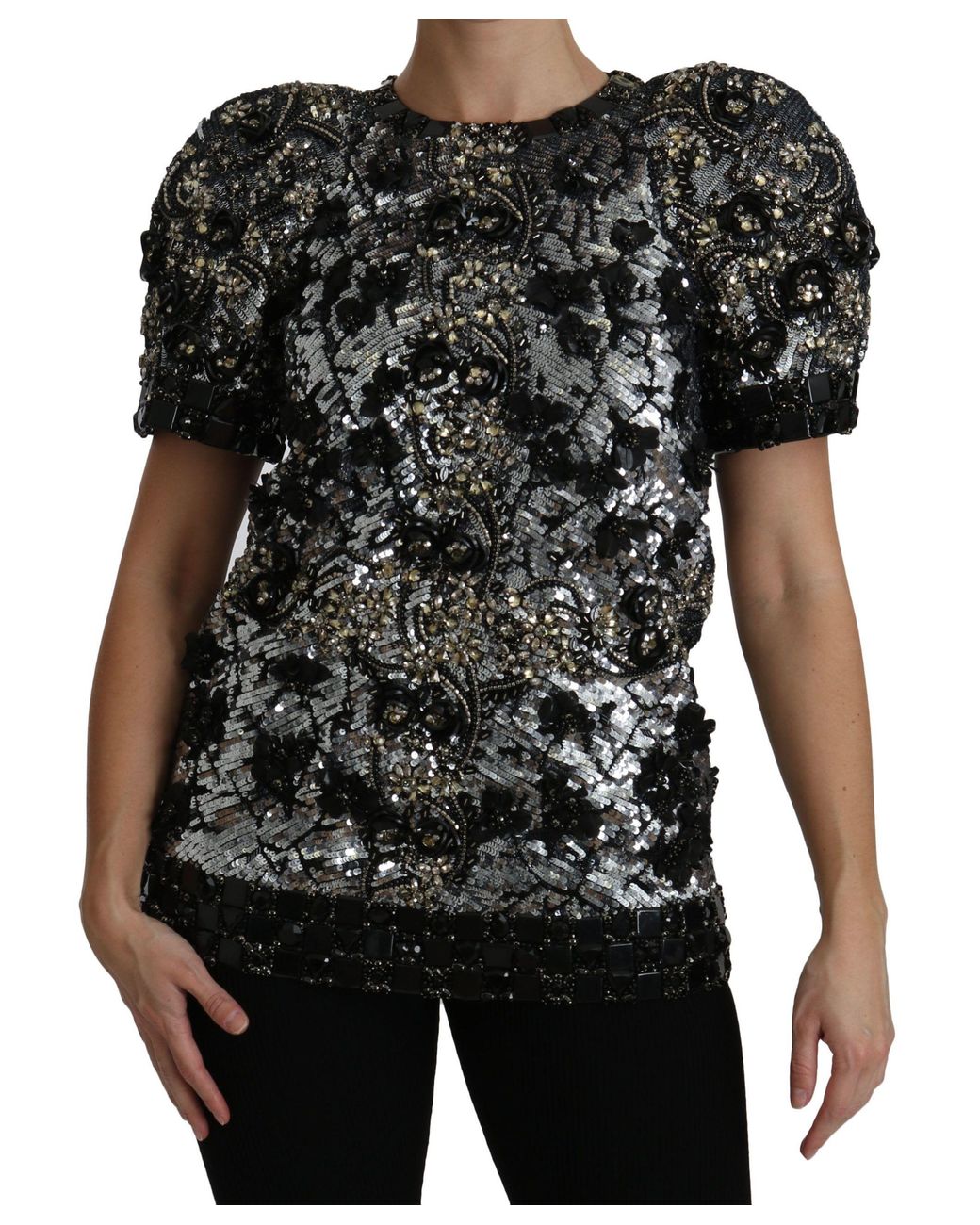 Dolce & Gabbana Dolce Gabbana Black Sequined Crystal Embellished Top Blouse