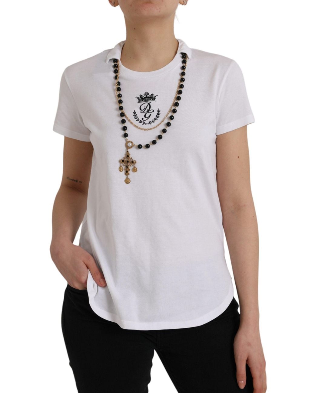 Dolce & Gabbana White Cotton Necklace Short Sleeves T-Shirt