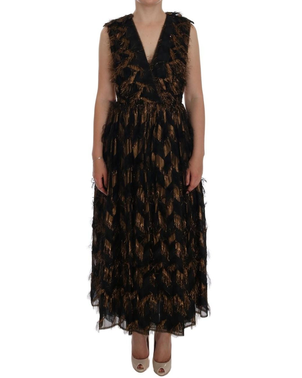 Dolce & Gabbana Black Silk Brown Fringes A-line Dress